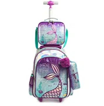 sac à dos à roulettes fille bleu avec motif sirène