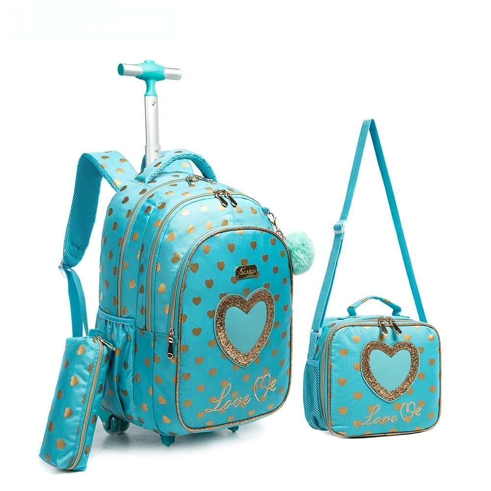 sac à dos à roulettes fille turquoise avec coeur