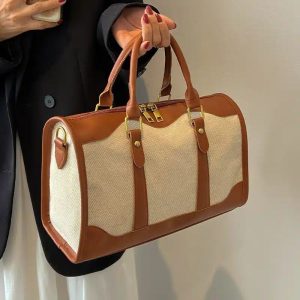 sac de voyage de grande capacité en tissu et simili cuir marron