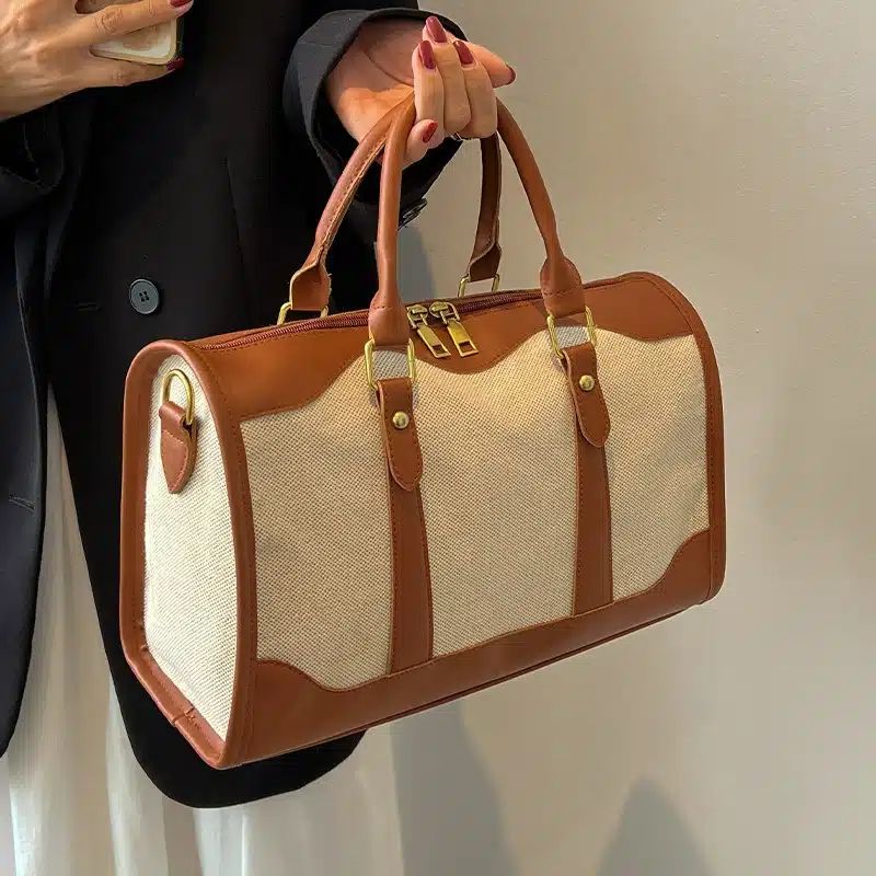 sac de voyage de grande capacité en tissu et simili cuir marron