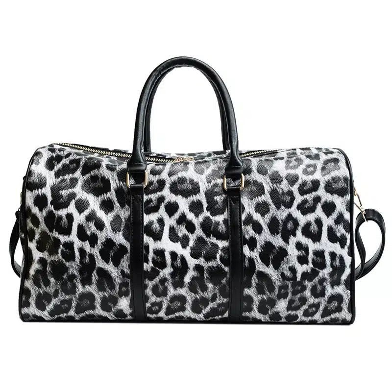 sac de voyage fourre tout en simili cuir imprimé léopard gris