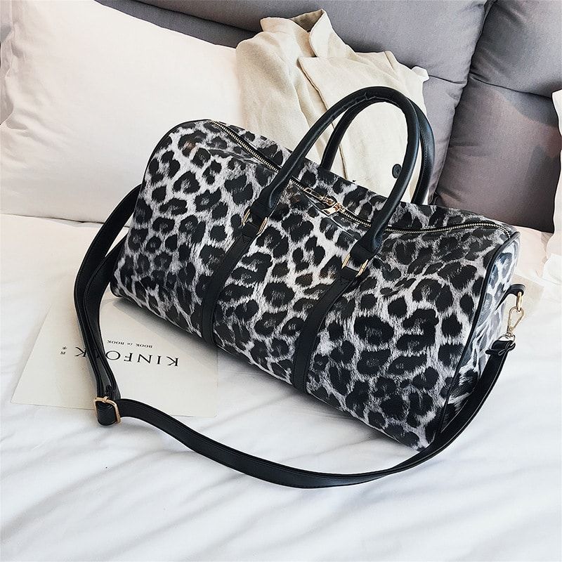 sac de voyage simili cuir léopard gris pour femmes