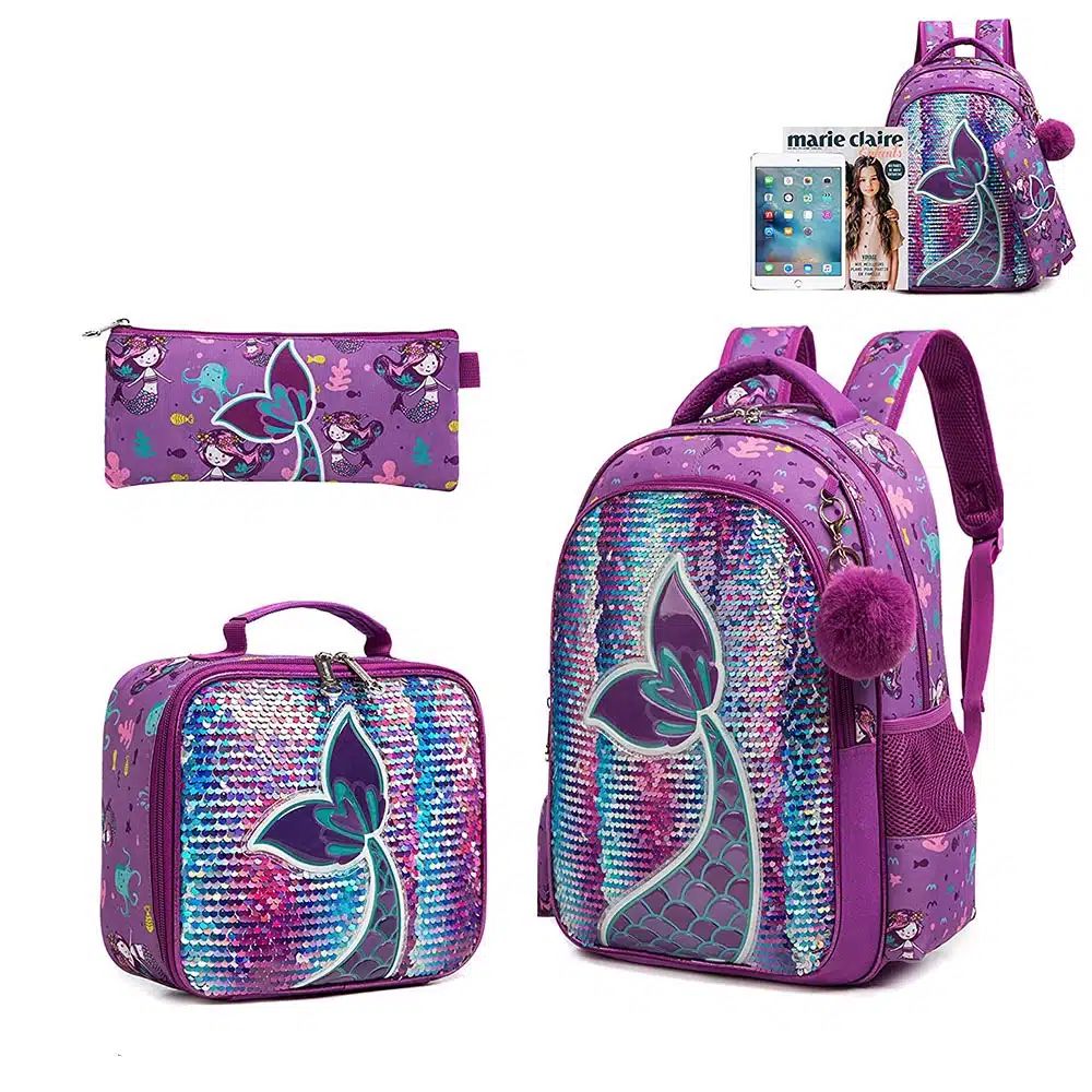 set de cartable à paillettes avec trousse et sacoche