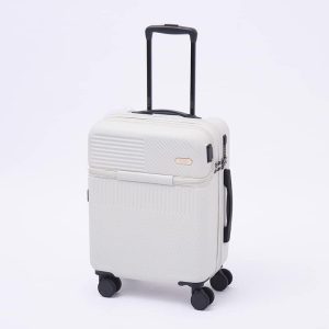 valise à roulettes blanche en plastique avec port USB