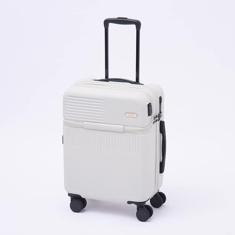 valise à roulettes blanche en plastique avec port USB
